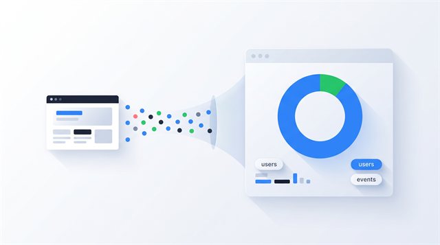 Flat illustration of visitor dots flowing from a website card through a funnel into a light analytics panel with a donut chart