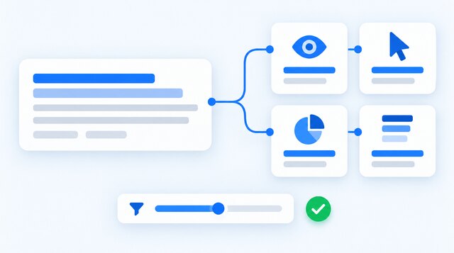 An abstract search result connected to eye, cursor, percentage and position tiles