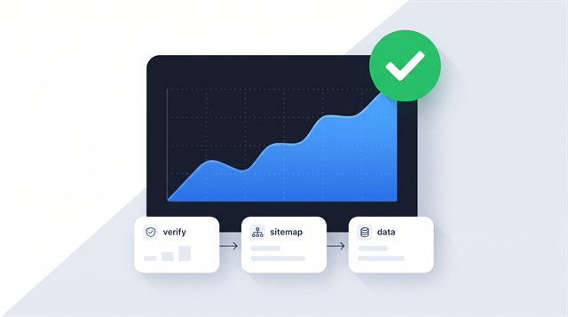 Flat illustration of Google Search Console setup: dark dashboard with a rising chart, a green verified checkmark and verify, sitemap and data steps