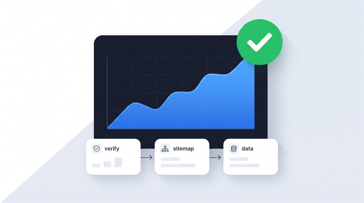 Flat illustration of Google Search Console setup: dark dashboard with a rising performance chart, a green verified checkmark and steps for verify, sitemap and data
