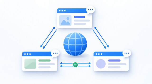 Three language-version page cards connected by reciprocal arrows around a blue globe