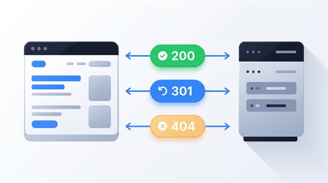 Flat illustration of a browser and a server exchanging responses marked with status code badges 200, 301 and 404