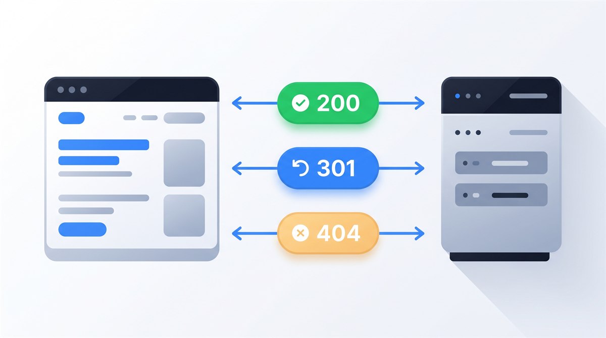 Flat illustration of a browser and a server exchanging responses marked with status code badges 200, 301 and 404