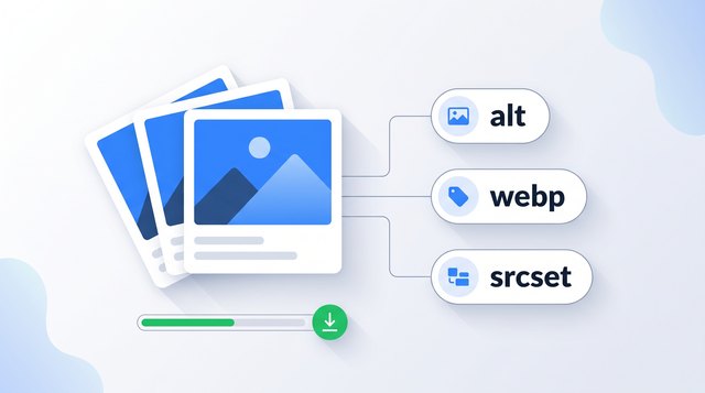 A fanned stack of photo cards connected to alt, webp and srcset tags above a green file-size gauge