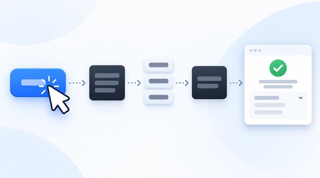 A button click passes through separated processing blocks to a responsive interface