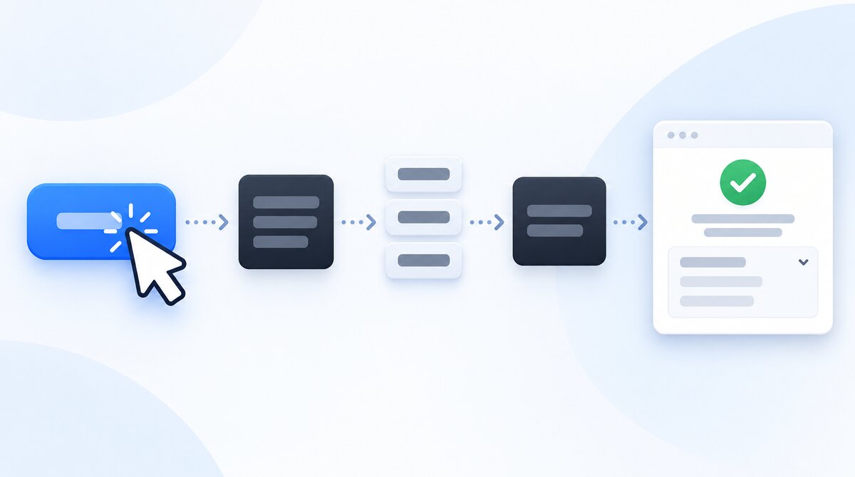 A button click passes through separated processing blocks to a responsive interface