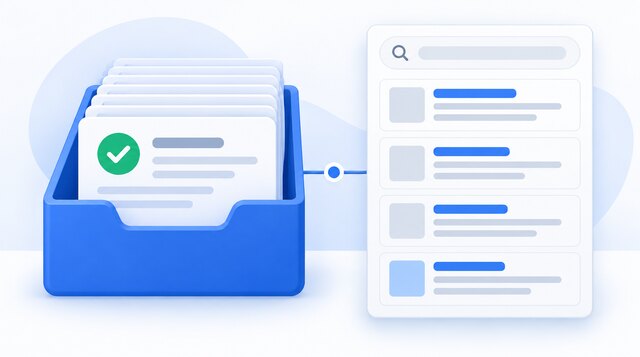 An indexed page in an archive tray connects to a separate search results panel