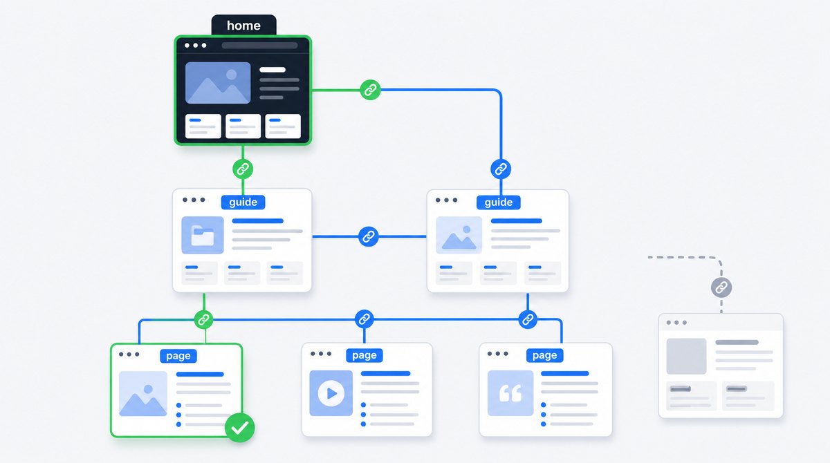 Flat illustration of website pages connected through a logical internal-link structure, with one isolated orphan page