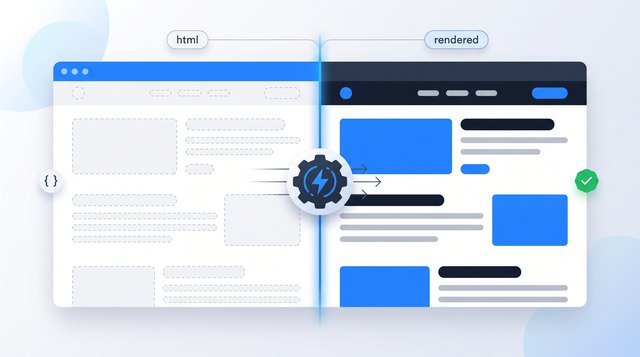 A browser window split between an empty HTML skeleton and the fully rendered page, joined by a rendering gear