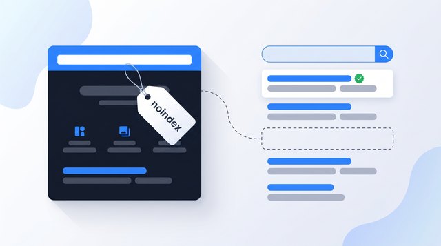 A dark page card wearing a noindex tag beside search results with one empty dashed slot