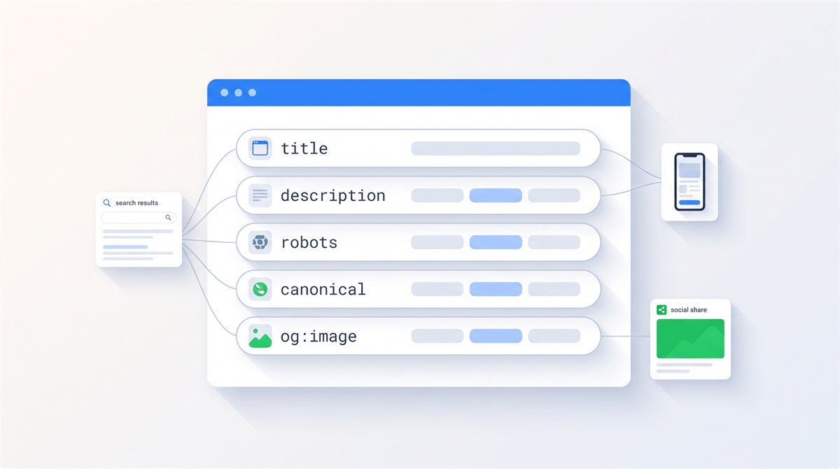 Diagram of SEO meta tags in an HTML head section: title, description, robots, canonical and og:image mapped to search, mobile and social previews