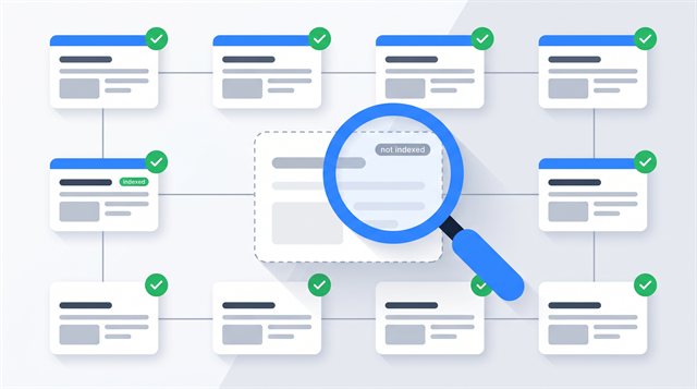 Flat illustration of a magnifying glass inspecting a grid of page cards, most marked indexed with green checks and one grayed out marked not indexed