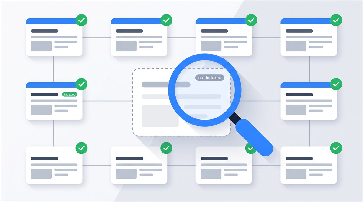 Flat illustration of a magnifying glass inspecting a grid of connected page cards, most marked indexed with green checks and one grayed out marked not indexed