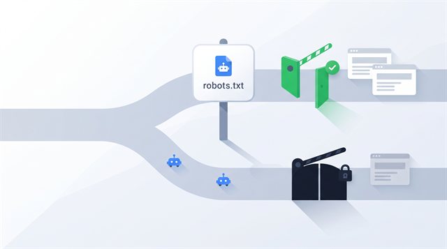 Flat illustration of a robots.txt signpost at a forked path where crawler bots face an open green gate and a locked dark gate