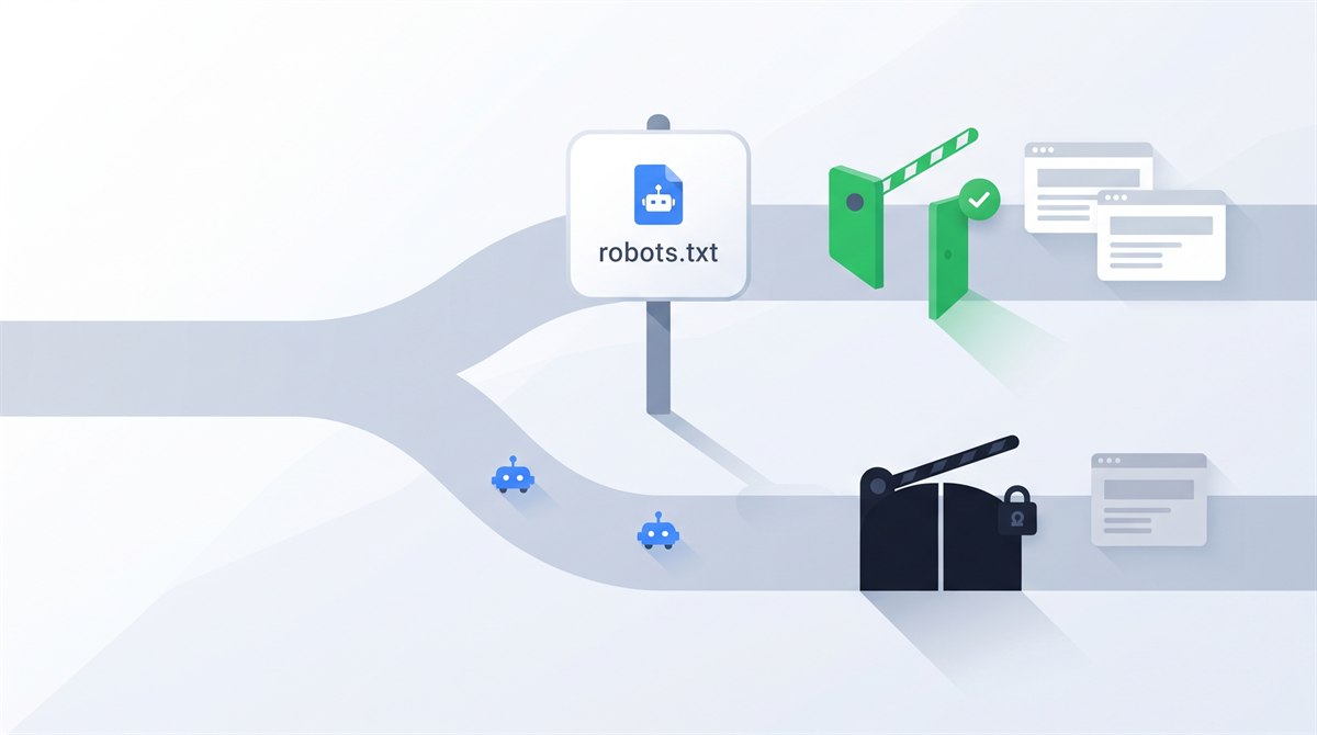 Flat illustration of a robots.txt signpost at a forked path where crawler bots face an open green gate and a locked dark gate