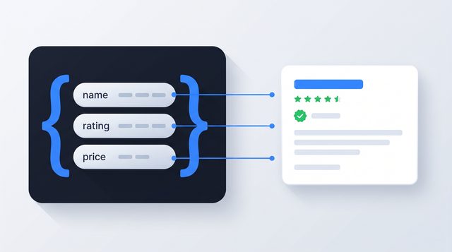 Flat illustration of a dark code panel with labeled data pills connected by lines to a search result card with review stars
