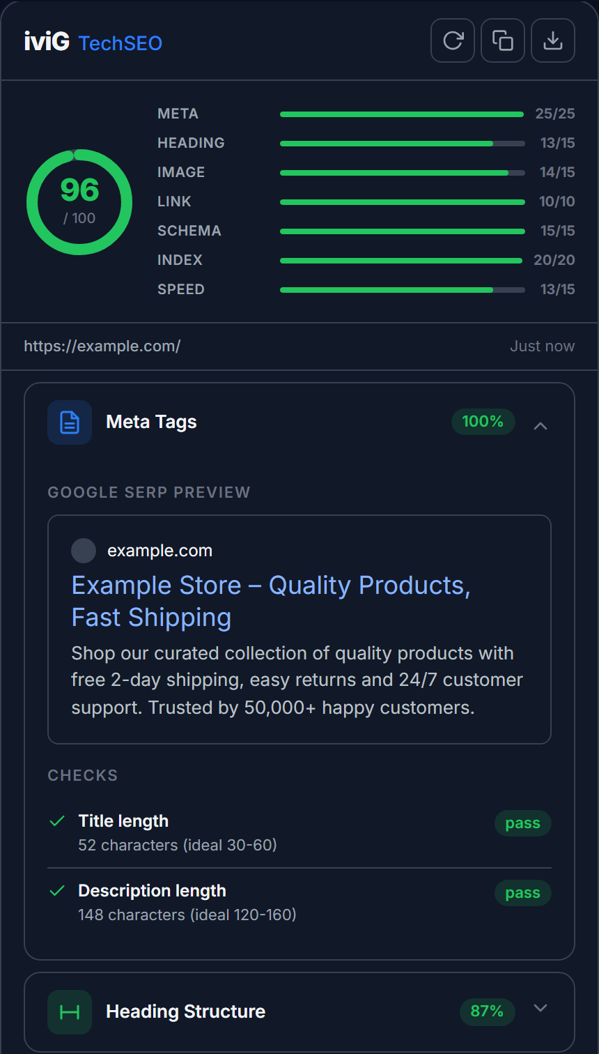 TechSEO Inspector side panel with per-check score bars, a Google SERP preview and passing meta tag checks